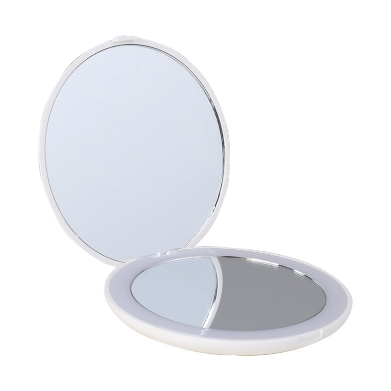 Infinity LED Compact Mirror with Strip Light, Bifold Wireless Compact Mirror with Magnifying Glass, White