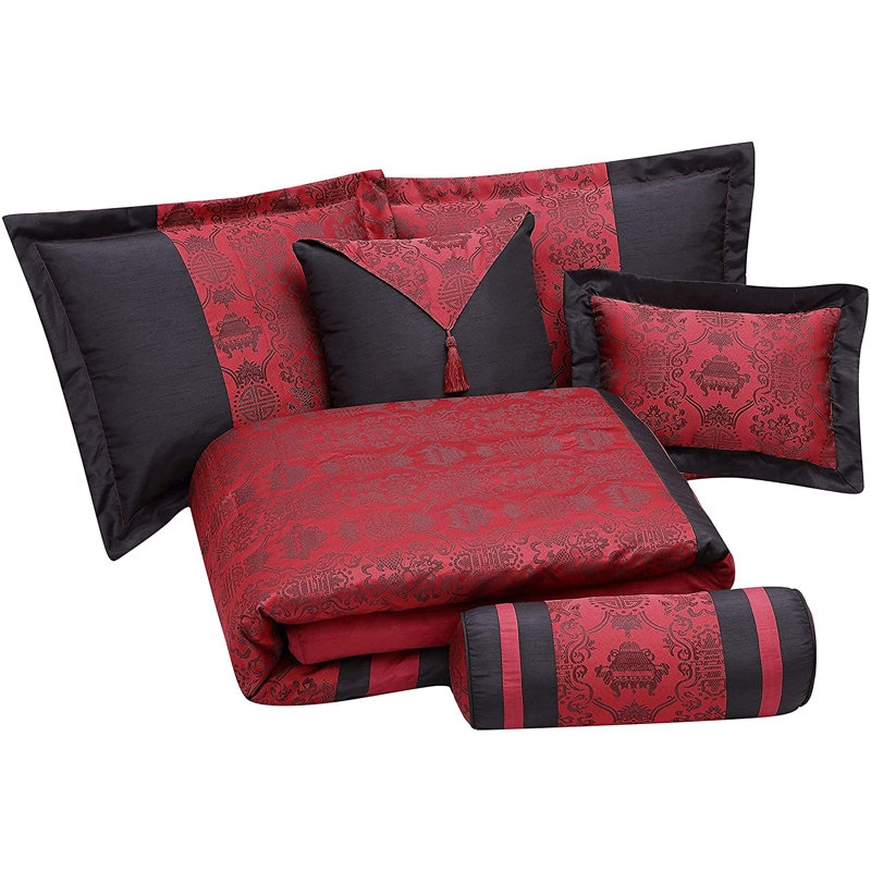 Dynasty Oriental 7-Piece Black Red Jacquard Comforter Set, King Comforter + 6 Additional Pieces