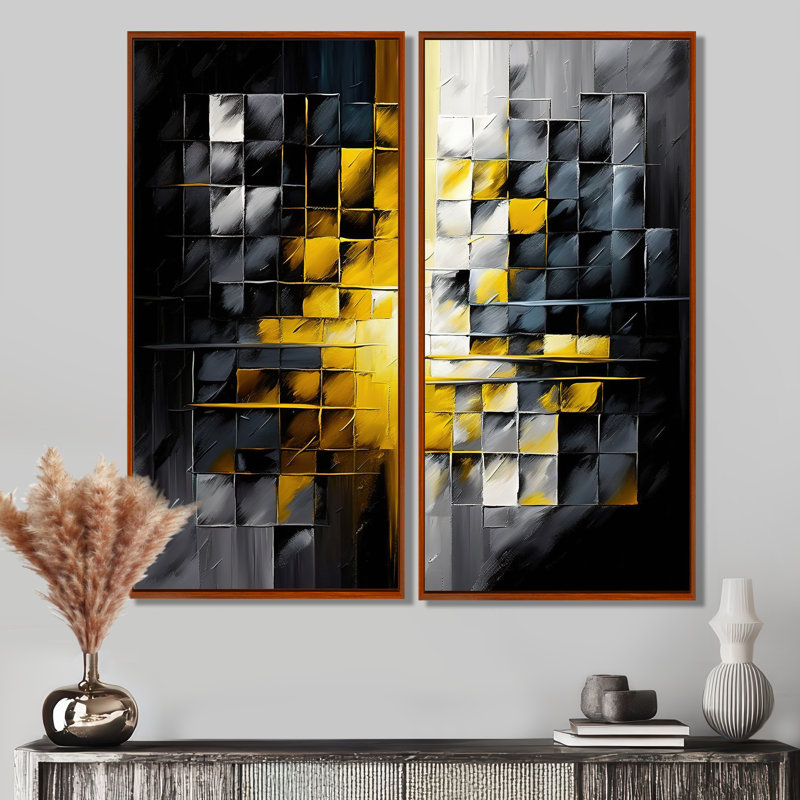 Abstrait géométrique noir et jaune IV - Art mural abstrait géométrique, 20'' H x 24'' W, Impression encadrée flottante, Brown
