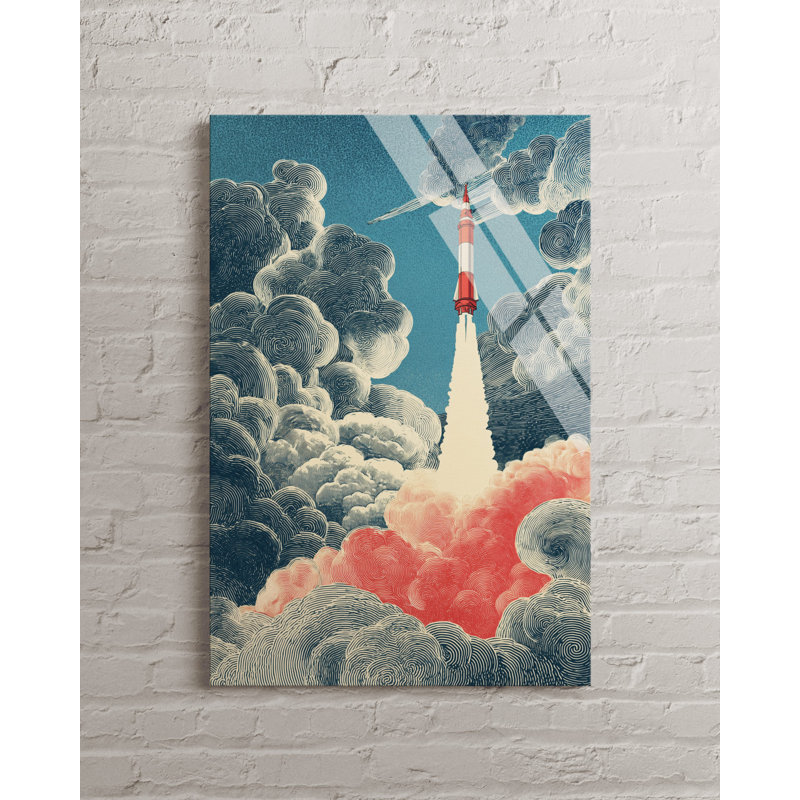 Art mural rétro en verre trempé, fusée rétro, H 29,5 po x l 19,5 po