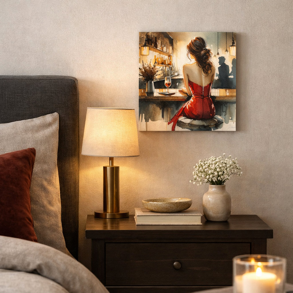 Winston Porter Modern Woman in Red Dress Bar Scene Wrapped Canvas Wall ...