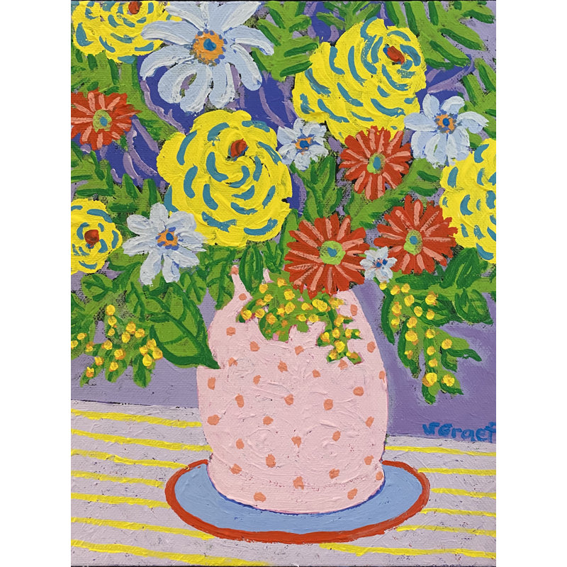 Flowers In Pink Dotted Vase Print by Sue Graef, Wrapped Canvas, 32" H x 24" W