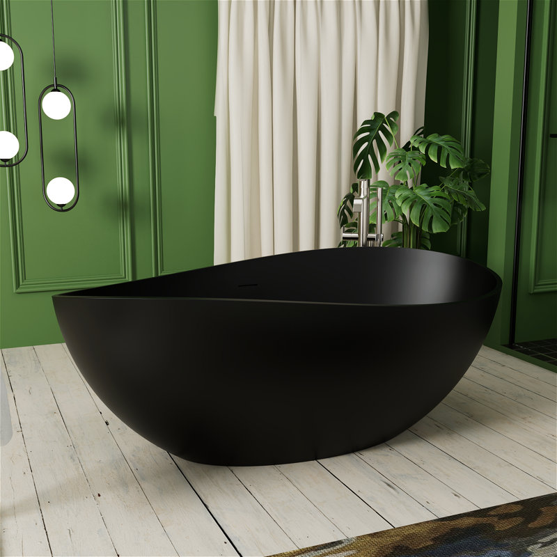 Baignoire à surface solide en forme d'œuf de 63 po à courbes ondulées, baignoire profonde autoportante sans soudure avec bonde et trop-plein - Sanctuaire de spa pour salles de bain luxueuses