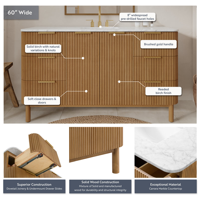 60" Single Bathroom Vanity In Light Reeded Birch