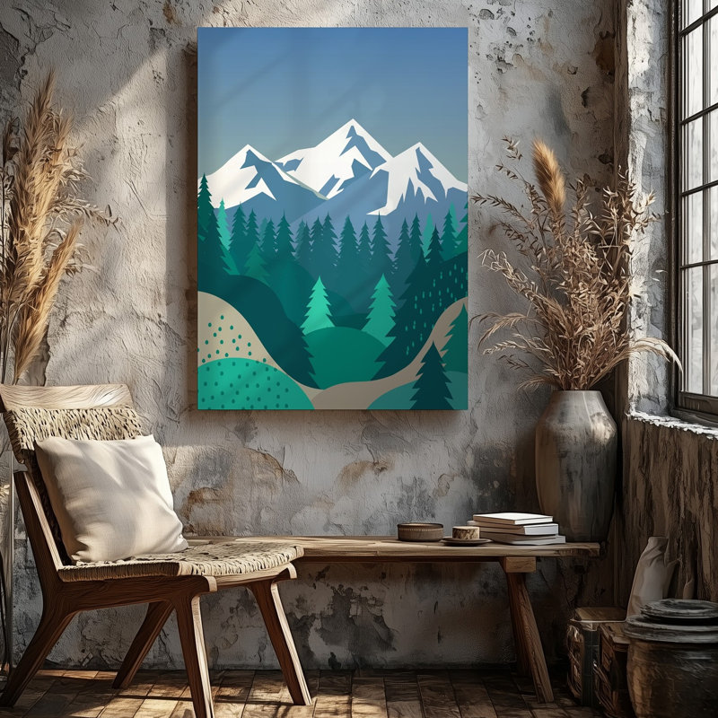 Toile, création d'un paysage serein mettant en vedette de majestueuses montagnes enneigées dans un art mural, fond entouré d'une forêt dense d'art sur toile