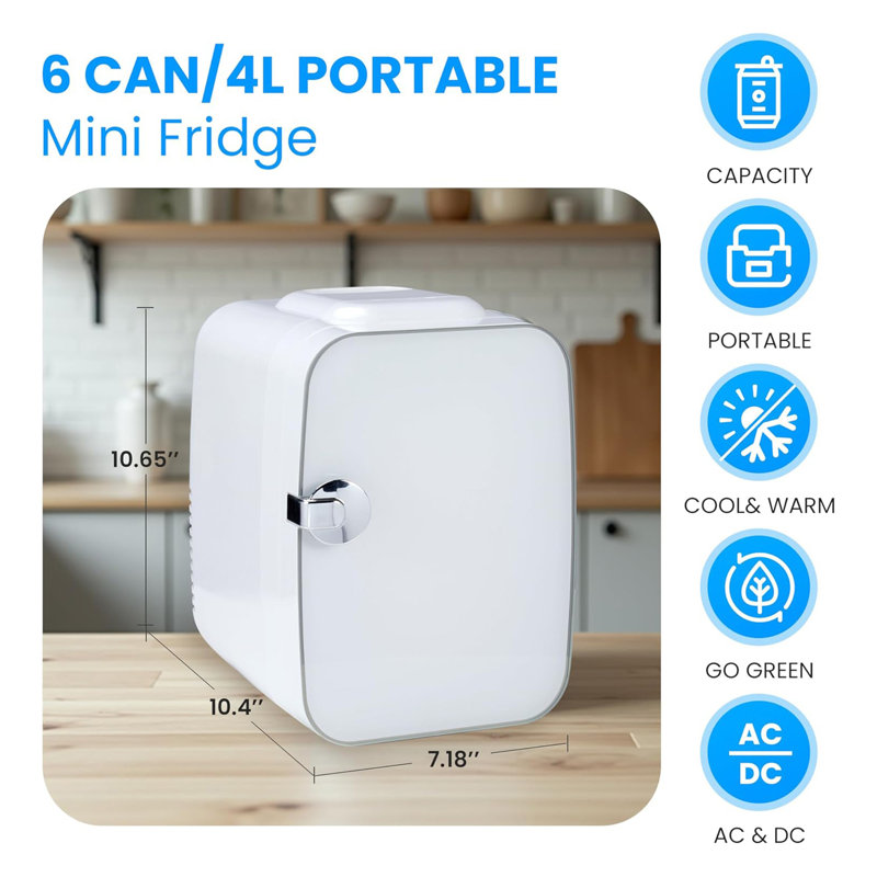 Mini réfrigérateur compact 4L / 6 canettes pour chambre à coucher, bureau, dortoir et voiture