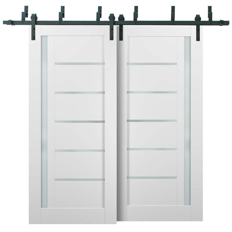 Portes coulissantes de style grange Quadro 4088 Blanc Soie avec verre dépoli, rails robustes de 2 m, quincaillerie incluse, portes de placard en bois massif pour chambre à coucher - 213 x 213 cm (2 x 107 x 213 cm) - Verre dépoli