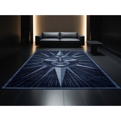 Tapis gris d'inspiration mondiale lavable à la machine Calhoun - reliure marine