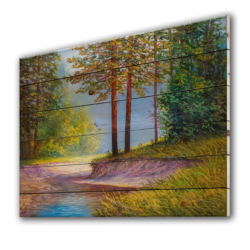 Deux arbres au soleil d'été par Lonely Forest Road - reproduction d'art sur bois sans cadre, H 12 po x l 20 po x p 1 po