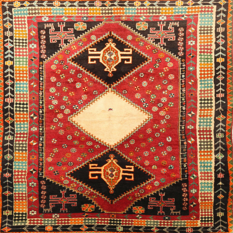 Tapis traditionnel beige / rouge, Carré 4 pi