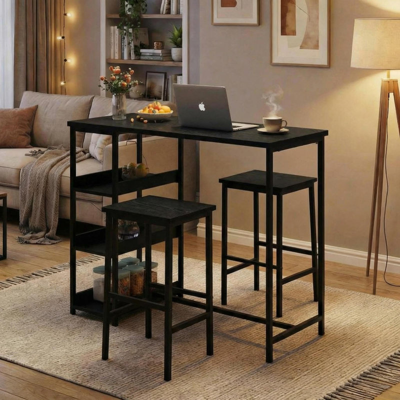 Bar Table and Chairs Set, Rectangular Pub Table with 2 Stools for Small Spaces, High-Top Table, 3-Piece Breakfast Stool Set, Sturdy Metal Frame, Easy to Assemble