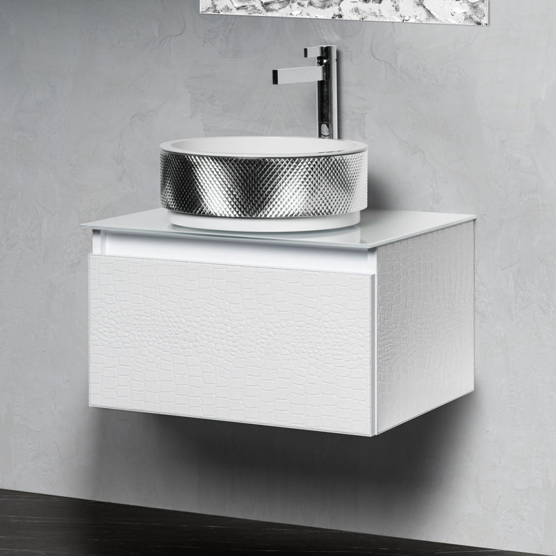 Meuble-lavabo simple avec comptoir, Crocodile blanc, 24", Verre trempé blanc
