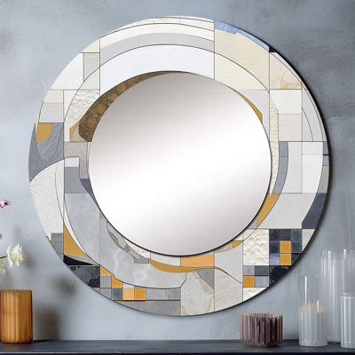Gris et jaune mosaïque III - miroir décoratif de formes abstraites, miroir mural rond moderne, impression d'art en métal