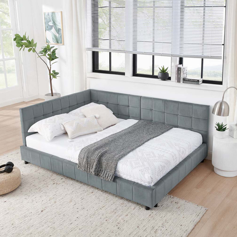 Velvet Daybed,Upholstered Tufted Bed Frame, Sofa Bed Frame with Comfortable Backrest and Armrests, Gray, Full