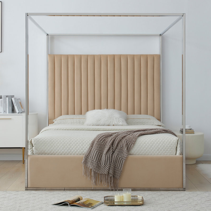 Jeffrey Canopy Velvet Upholstered Queen Bed Frame In Camel, Queen, Camel