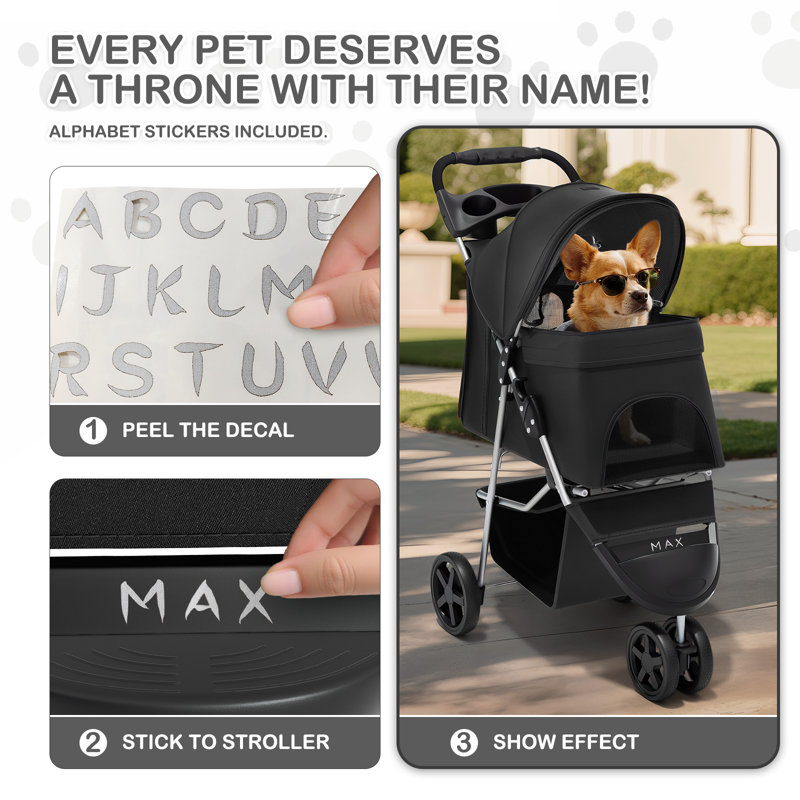 Foldable Pet Stroller, 3 Wheels Folding Carrier Jogger Stroller for Dogs Cats with Canopy and DIY Stickers, Black/Solid