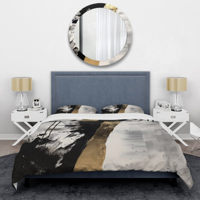 Geometric Essence Minimal Abstract Gold Painting - Abstract Duvet Cover Set - Microfiber Polyester
