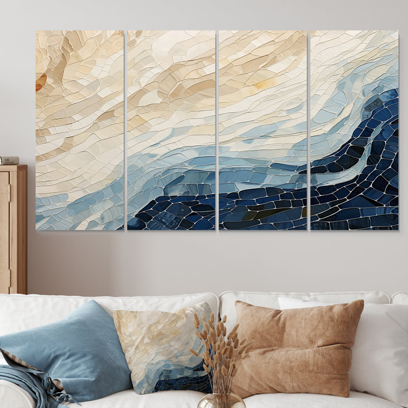 «Abstract Breaking Waves Blue» - Art mural abstrait 4 pièces, H 32 po x l 64 po
