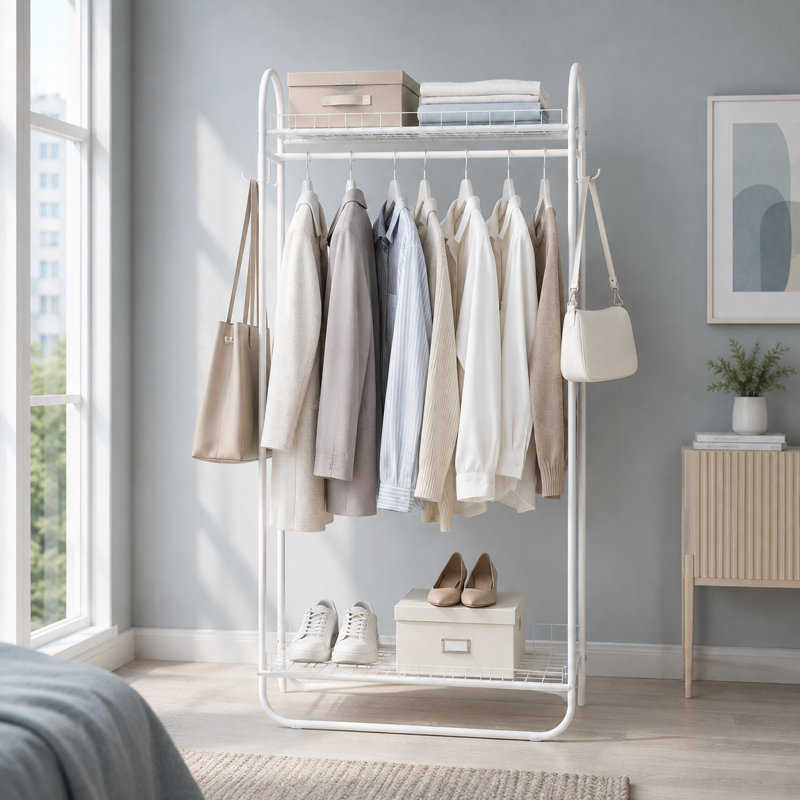 Portant à vêtements blanc en métal avec double tablettes de rangement, tringle de suspension et crochets latéraux pour l'organisation de la chambre à coucher