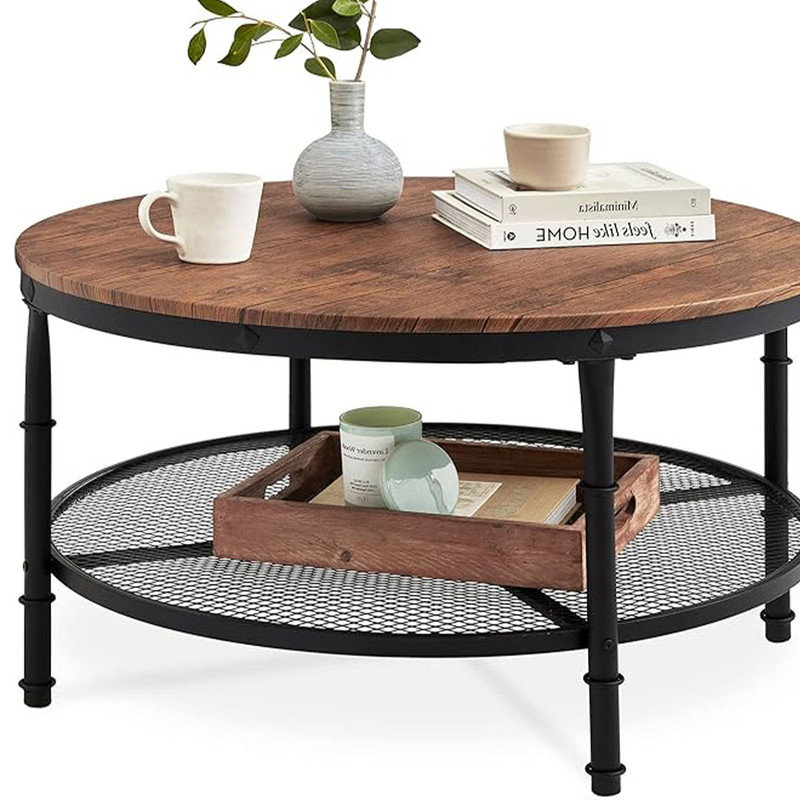Brown Round Wood and Metal 2-Tier Coffee Table