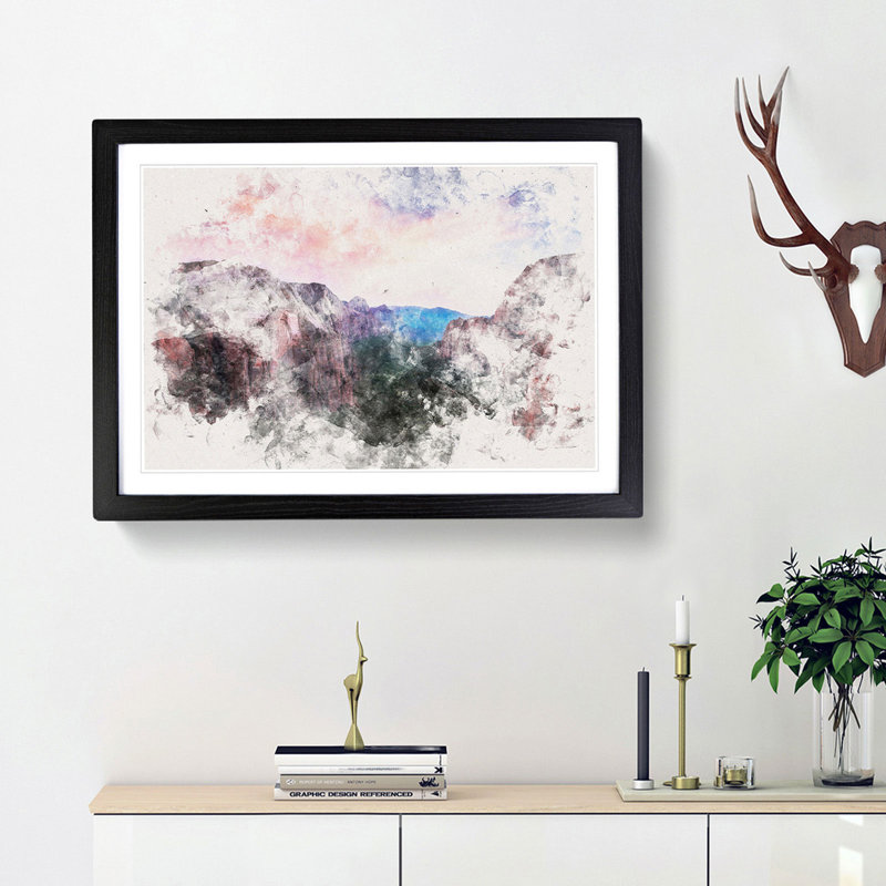 View Of Zion National Park In Utah Watercolour - Framed Print, 35cm H x 50cm W x 2cm D, Black
