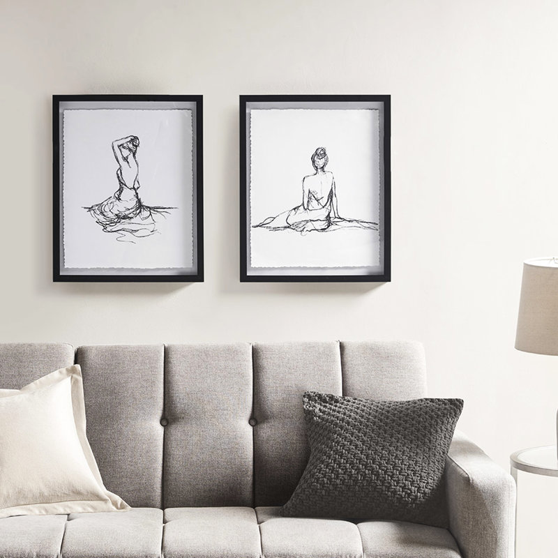 Art mural encadré - Croquis de femmes en noir et blanc avec verre mat à 2 bords