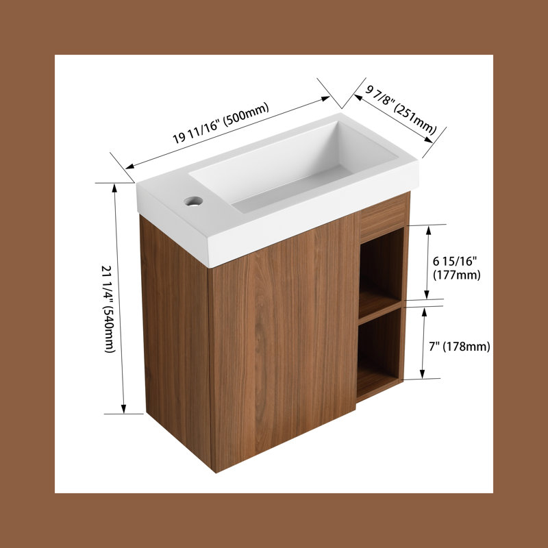 Meuble-lavabo mural flottant 20 po avec porte d'armoire à fermeture en douceur et lavabo en résine, ChuanPu noyer, Blanc