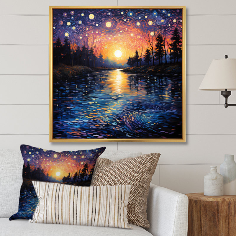 «Vangogh Twilight Reflections Pointillism - Vangogh Wall Art» par Vincent Van Gogh, peinture, H 24 po x l 24 po, Doré