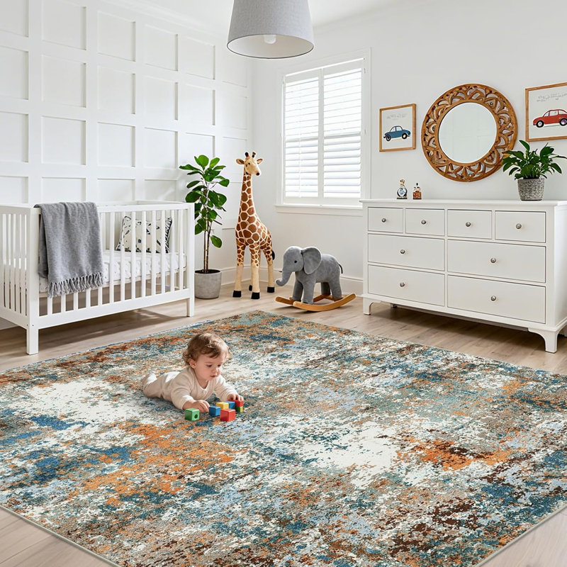Modern Abstract 2x6 Runner Rug – Washable, Non-Slip for Hallways, Kitchen, Bathroom, Laundry Room (Blue Yellow)