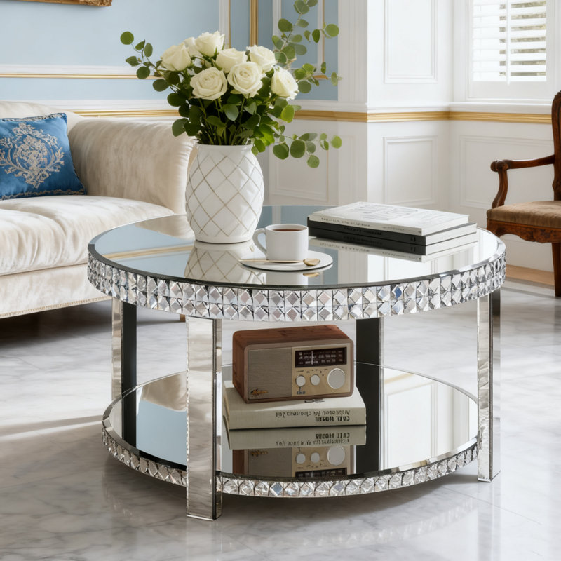 90x90cm Glass Mirrored Coffee Table with Storage Four Leg Coffee Table 