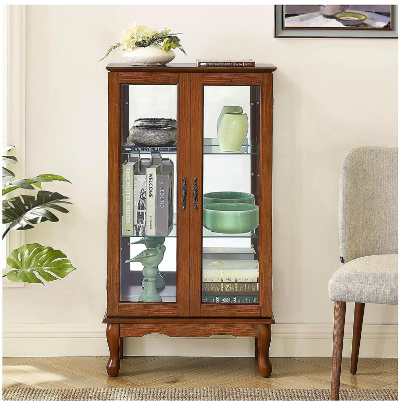 Curio Cabinet Lighted Curio Diapaly Cabinet with Adjustable Shelves and Mirrored Back Panel, Tempered Glass Doors (Oak, 3 Tier), (E26 light bulb not included)