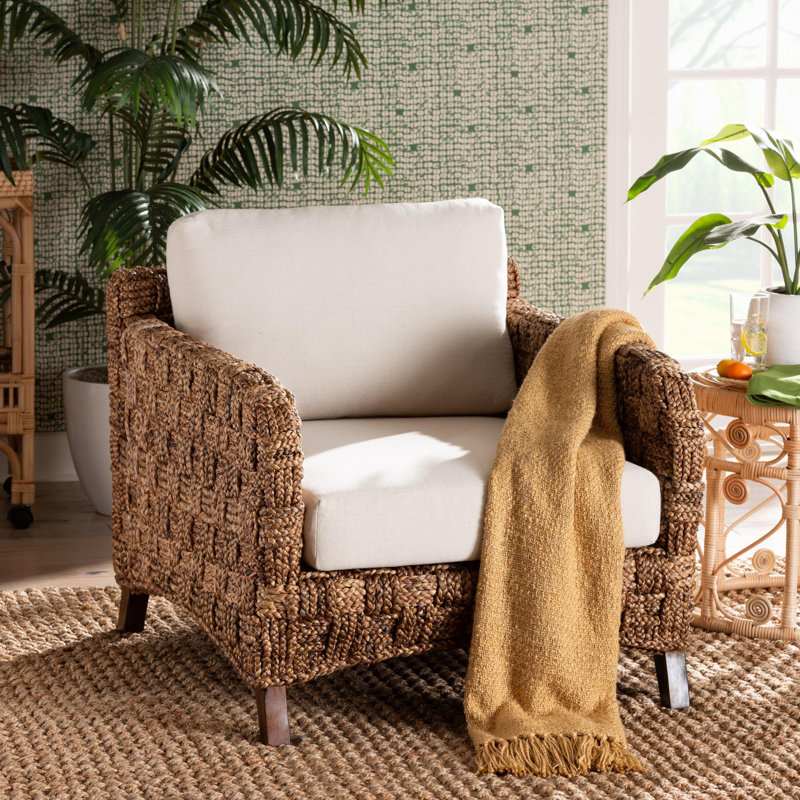 Benjiam Upholstered Seagrass and Mahogany wood Armchair