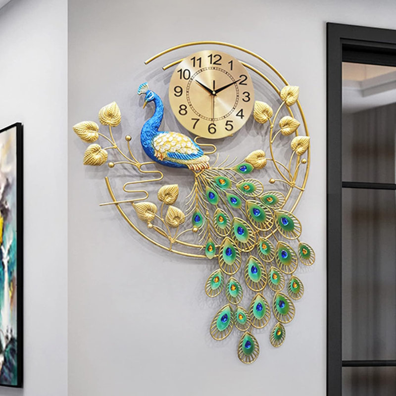 36.6-Inch Luxury Crystal Peacock Wall Clock, Large Silent Battery Operated For Home Decor