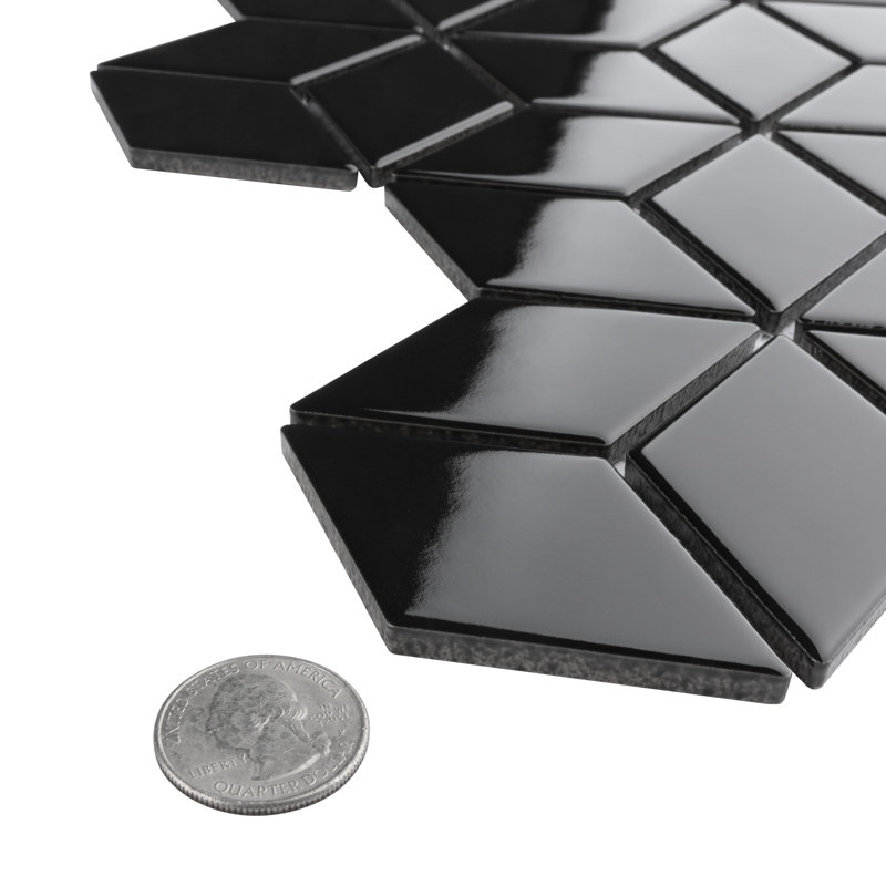 Metro Rhombus 10-1/2 " x 12-1/8 " Porcelain Mosaic Floor & Wall Tile, Glossy Black