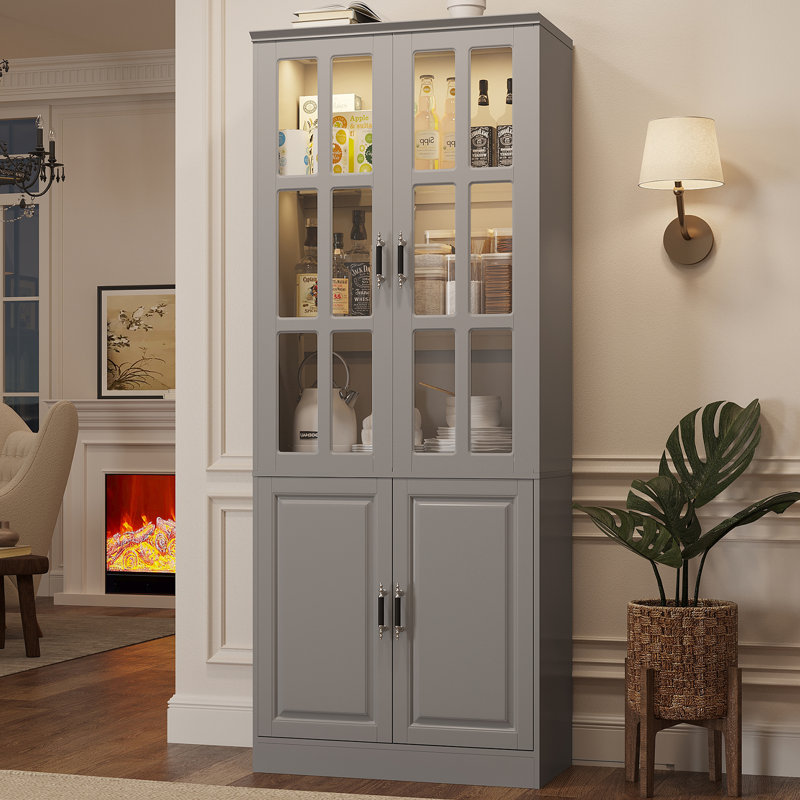 Armoire de rangement de cuisine avec lumières à DEL, hauteur de 78,7 po avec portes et tiroirs en verre, armoire utilitaire autoportante (l 31,5 po x P 15,7 po)