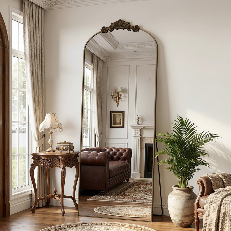 Vintage Arched Full Length Mirror with Carved, Oversized Floor Mirrors for HomeDecor, Bronze, 71" x 28"