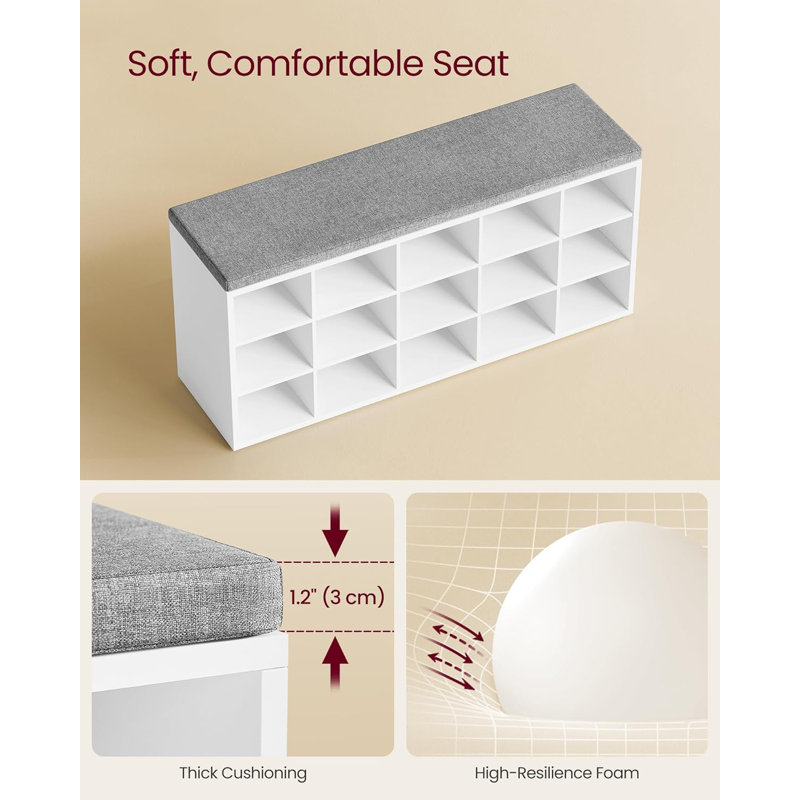 Storage Bench with Padded Seat, Gray, White