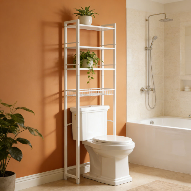 3 Tier Over The Toilet Storage Rack With Basket Adjustable Hooks White, White