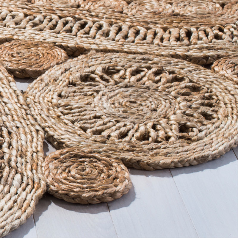 Amberboi Natural Fiber Hand Woven Jute Floral Rug, Round 9'