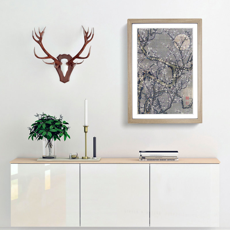 White Plum Blossom & Moon by Ito Jakuchu - Picture Frame Art Prints on MDF, Oak Framed, 65cm H x 48cm W x 2cm D
