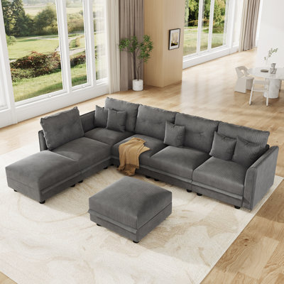 7 Seat Corduroy Convertible Modular Sectional Sofa With Storage, 5 Back Cushion 5 Throw Pillow