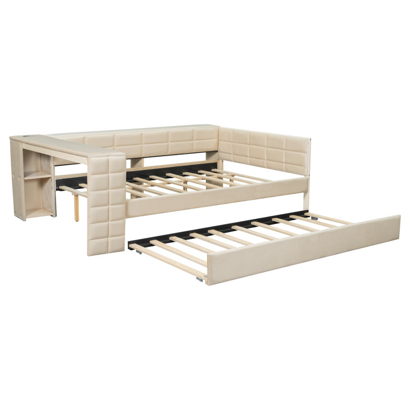 Lit plateforme tapissier pleine grandeur avec tablettes de rangement, bureau, station de charge et lit gigogne, Beige