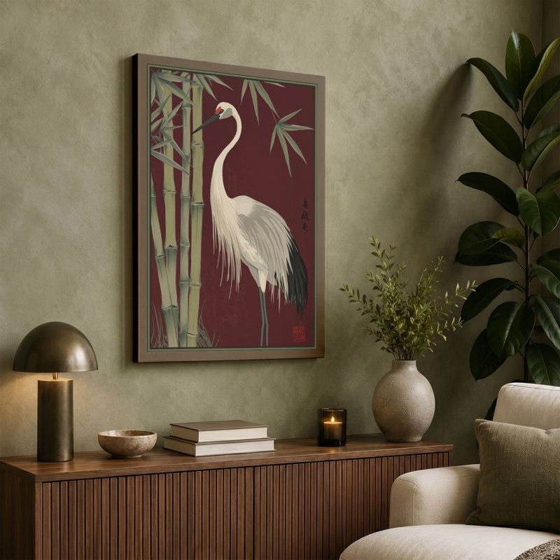 Crane Among Bamboo Japandi - Wrapped Canvas, 30x20 - 76.2 x 50.8 cm, Ochre Border
