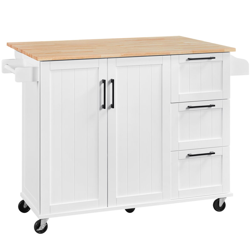 49'' Wide Rolling Kitchen Cart with Solid Wood Top, White/Natural