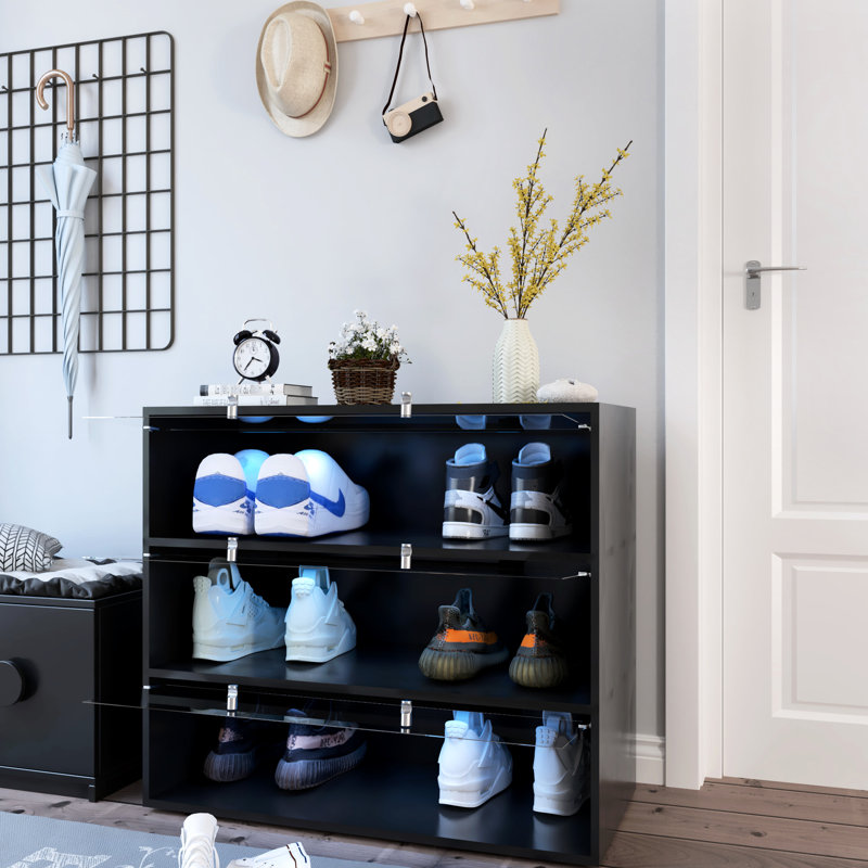 Porte-chaussures de porte en verre noir avec contenant à DEL, pratique et décoratif
