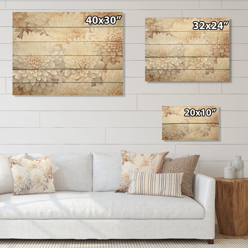 Pure White Chrysanthemums Mosaic I - Chrysanthemums Wood Wall Art On Natural Pine Wood, 10" H x 20" W