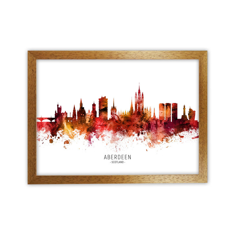 Aberdeen Scotland Skyline Red City Name by Michael Tompsett - Print, Oak Framed, 25cm H x 34cm W x 3cm D
