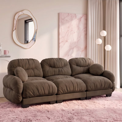 Canapé modulaire 3 places en chenille plissée avec siège ergonomique en mousse, accoudoirs incurvés et 2 coussins décoratifs