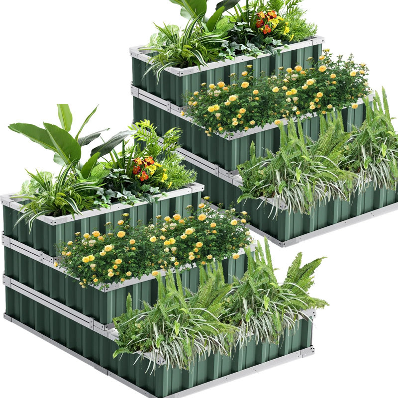 Bac à fleurs surélevé à 3 niveaux avec jardin en métal galvanisé 35 po x 51 po x 5,4 po, Vert, Ensemble de 2