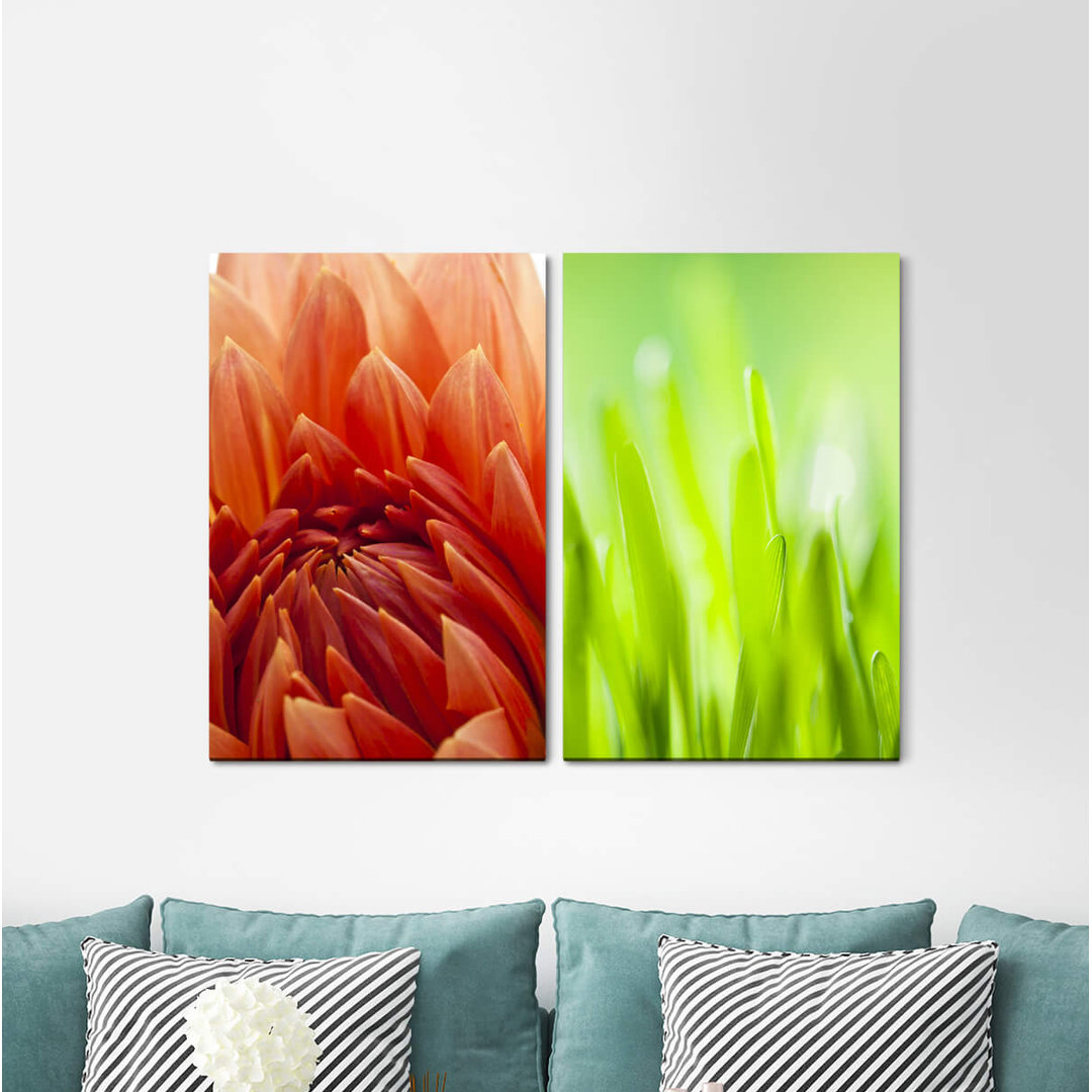 2-tlg. Leinwandbilder-Set - Grafikdruck „Dahlia Grass Green Summer Meadow”